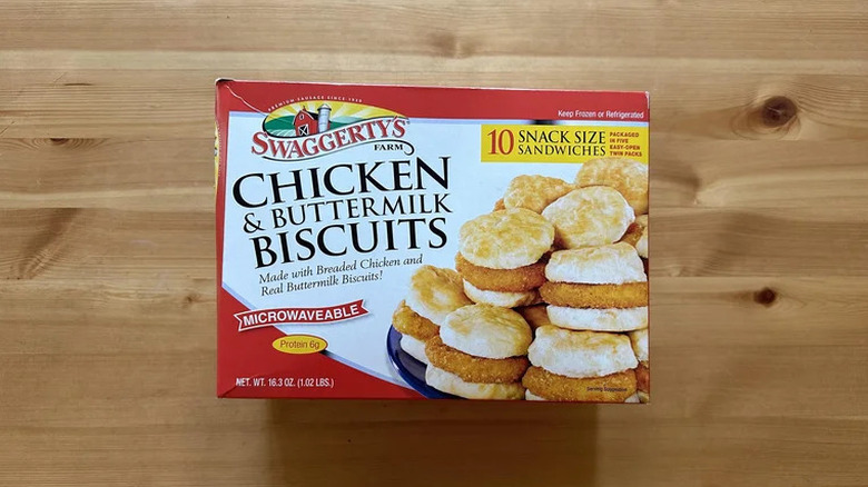 A box of Swaggerty's Chicken and Buttermilk Biscuits
