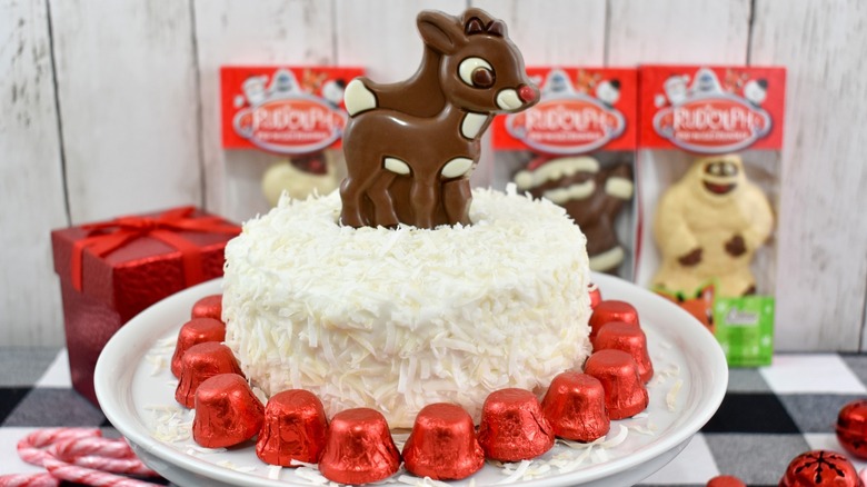 Rudolph chocolate on a white cake