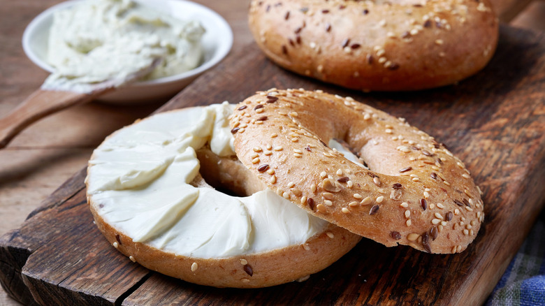 everything bagel smeared with cream cheese