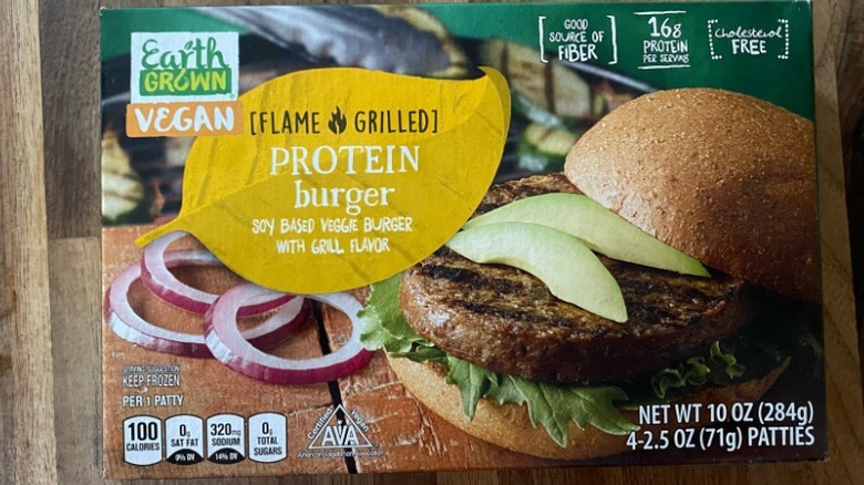 Aldi Earth Grown soy based vegan protein burger packet