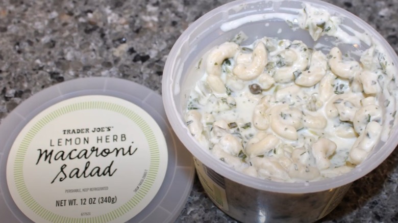 Tub of Trader Joe's lemon herb macaroni salad