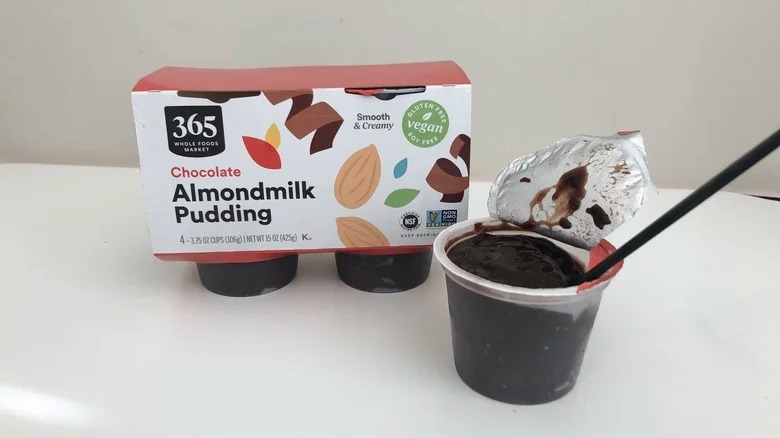 Packages of Whole Foods 365 almond milk pudding cups