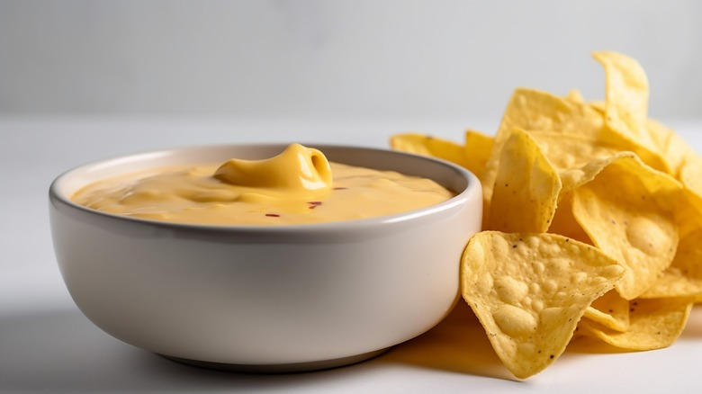 Bowl of queso beside a stack of tortilla chips