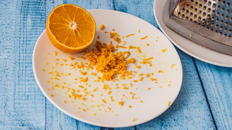 Grated orange zest on a plate