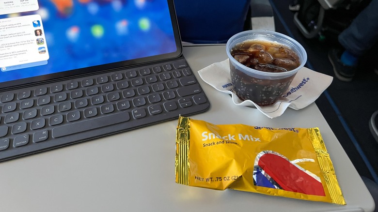 airplane snack mix on tray table