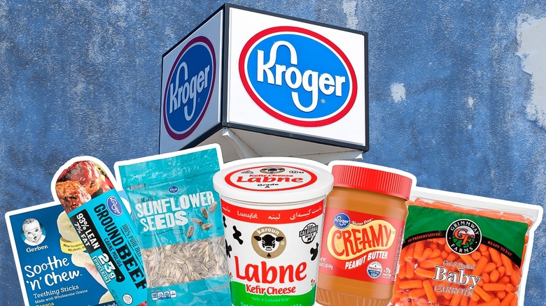 Composite image featuring Kroger sign and various recalled grocery items