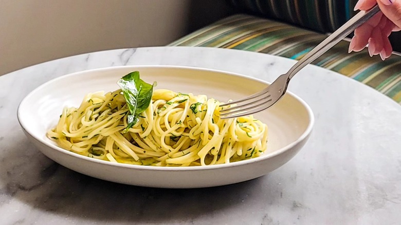 Pasta with green leaf