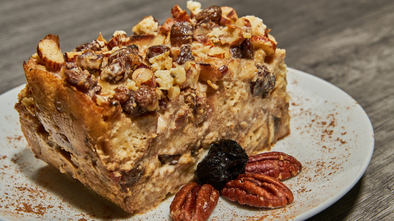 Slice of Mexican bread pudding on plate