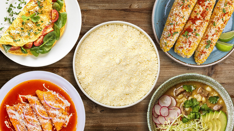 Bowl of cotija cheese with four plates of cotija dishes