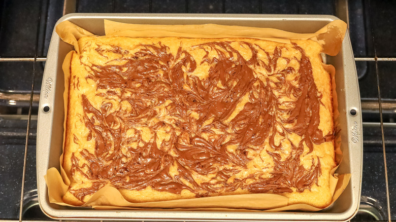 banana Nutella bars baking in oven
