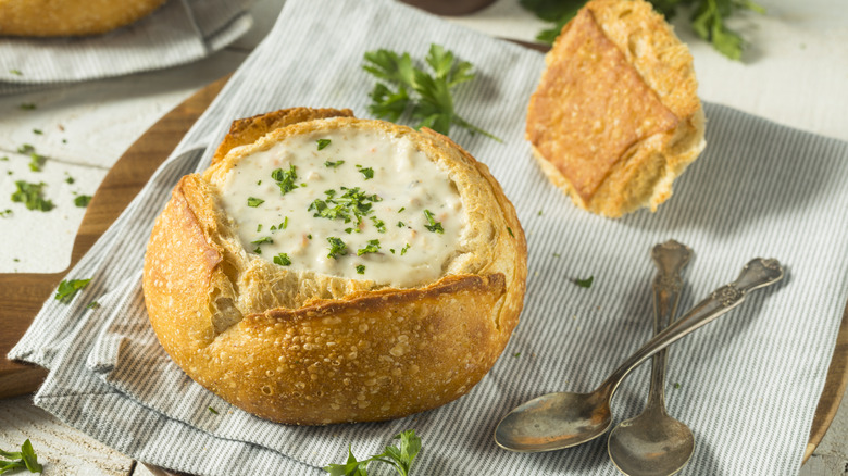 Creamy chowder in a bread bowl