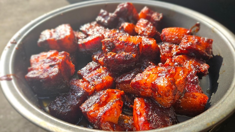 pork belly burnt ends in a smoker