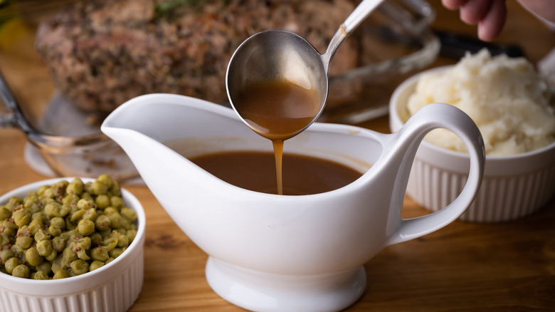 brown gravy in a gravy boat