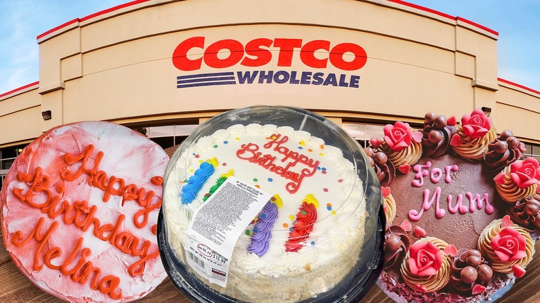 decorated cakes in front of costco grocery store