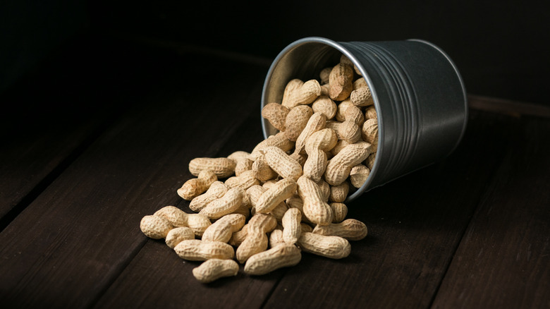 bucket of peanuts spilling on table