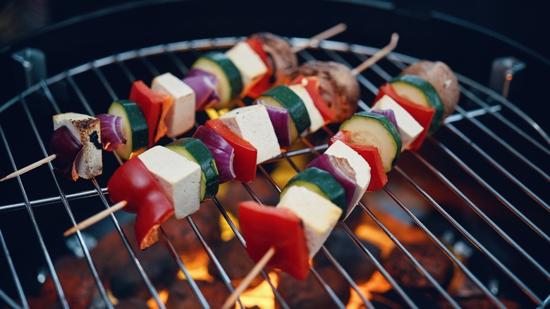 Vegan skewers on barbecue grill