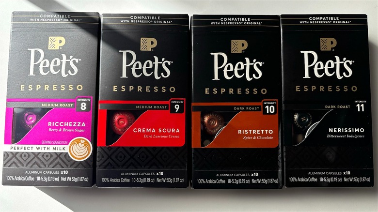 four boxes of peet's nespresso pods on table next to each other