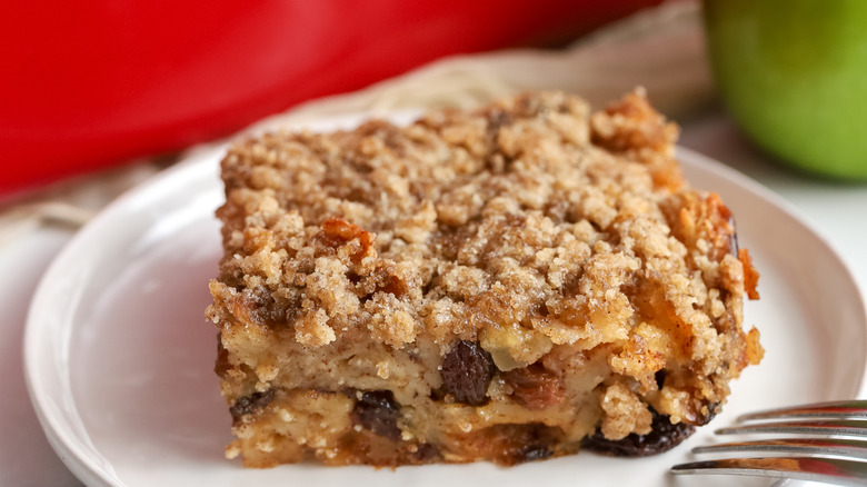 Close up of a slice of apple matzo kugel