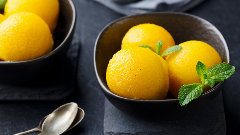 peach sorbet in a bowl 