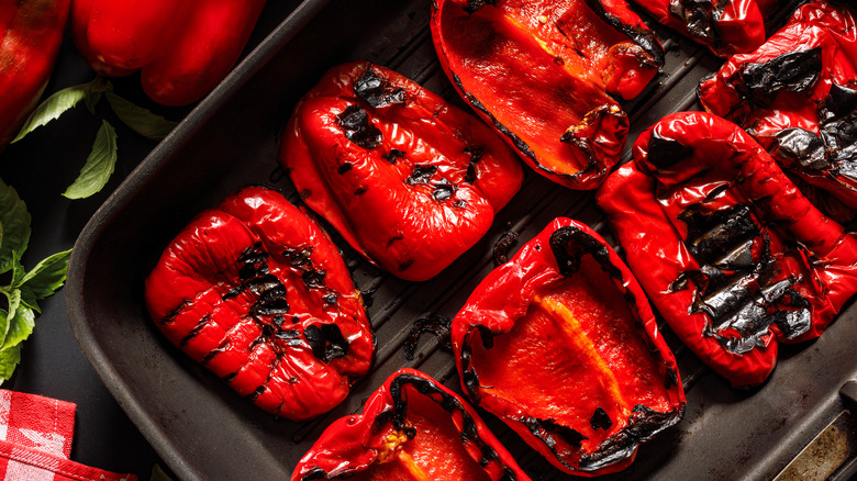 Roasted red peppers on grill pan