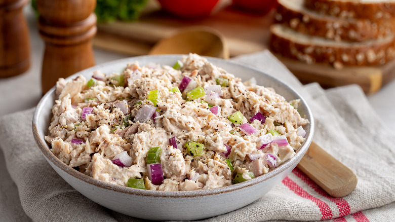 Tuna salad in gray bowl