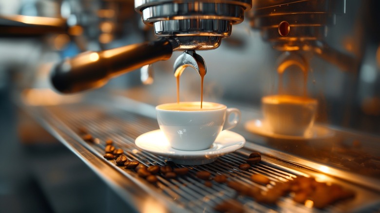 Close-up of espresso machine pulling shots