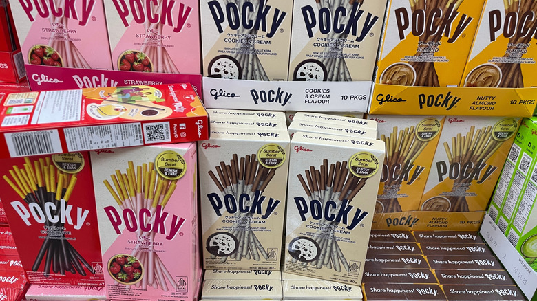 grocery store display featuring a variety of Pocky flavors