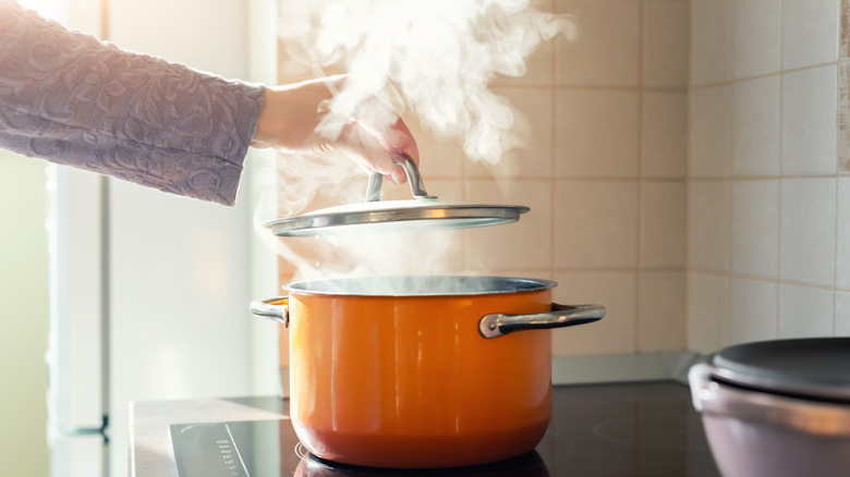 person opening steaming pot