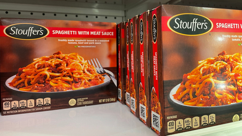 Stouffer's brand spaghetti with meat sauce frozen dinners lined up