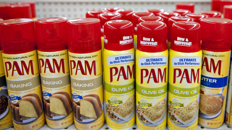 bottles of Pam cooking spray  on shelf