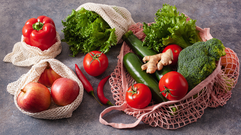 produce in reusable cotton bags