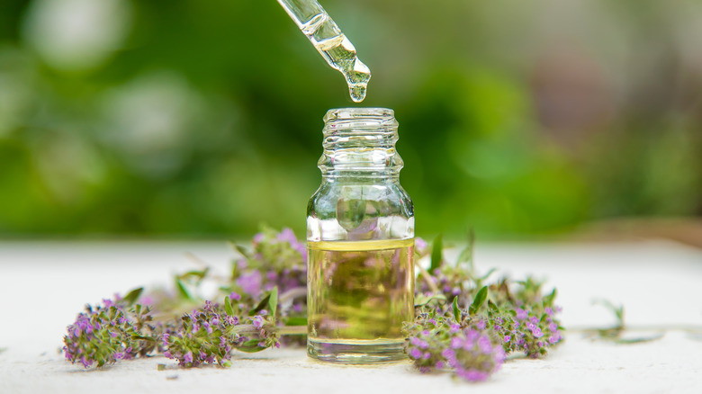 Thyme essential oil in bottle