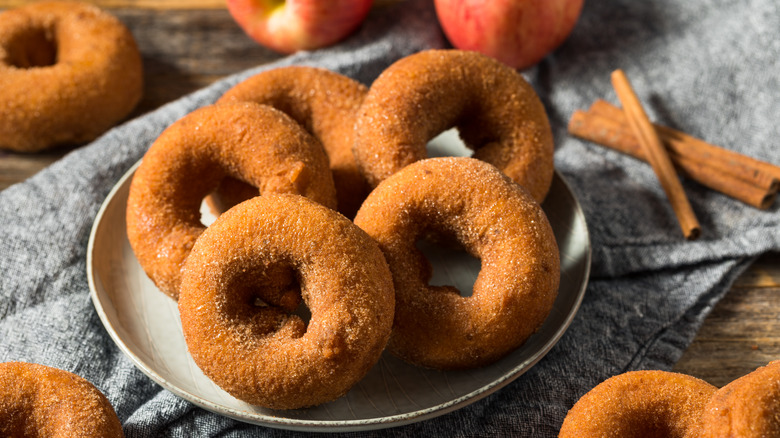 Apple cider donuts sitting on a plate