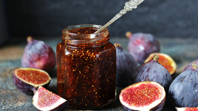 An open jar of fig jam