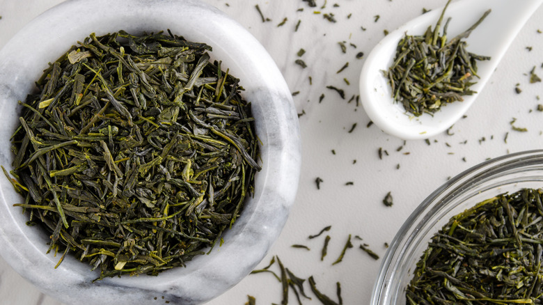 bowl of sencha tea leaves