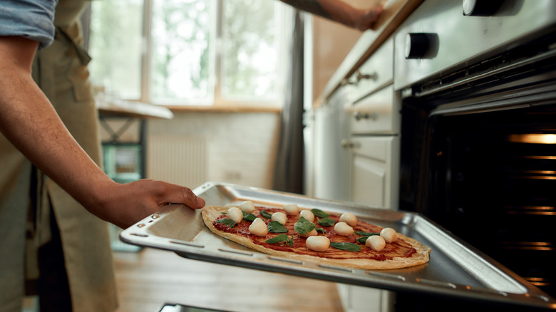 Pizza in an open oven