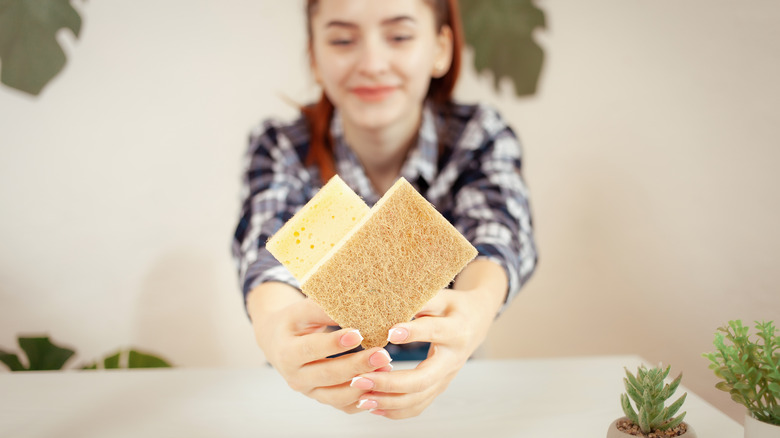 woman holding two cleaning sponges