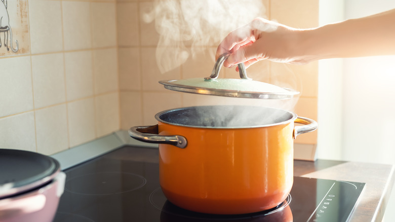 Orange pot on glass stove