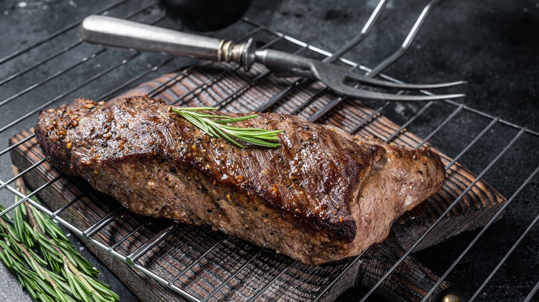 Grilled steak on a rack