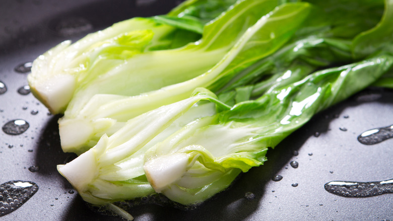 Steamed bok choy on pan