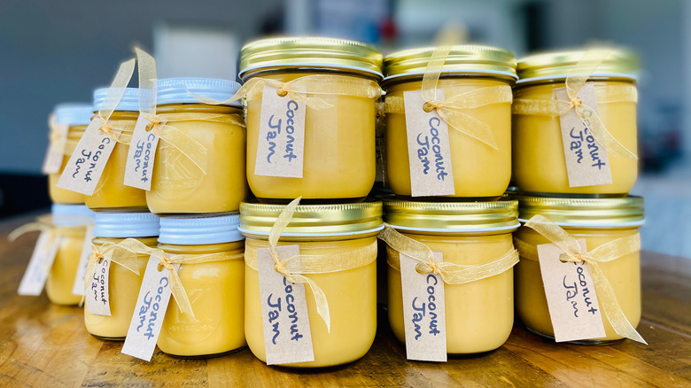 Jars of jam on table