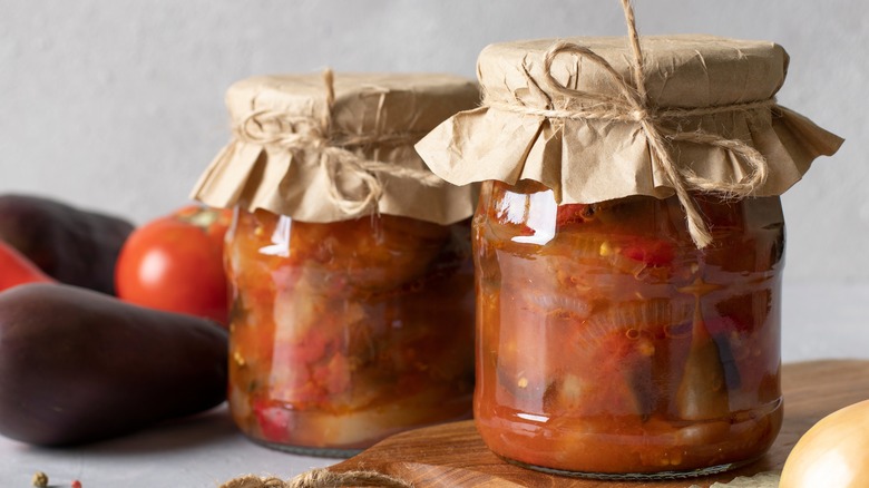 Pickled eggplant in glass jar