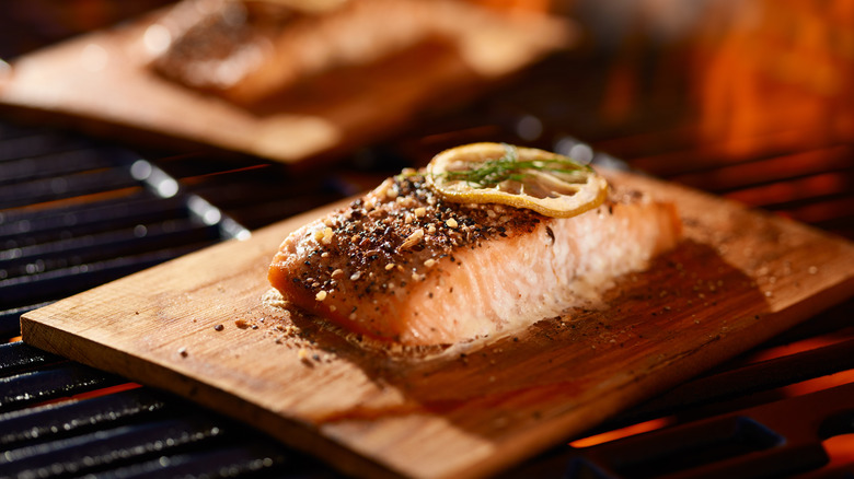 Salmon on a wood plank