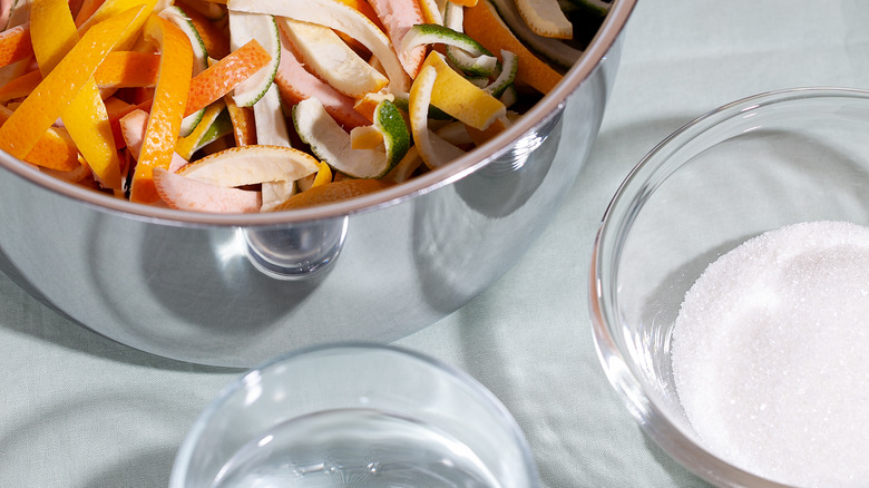 Candied citrus peel in a pot