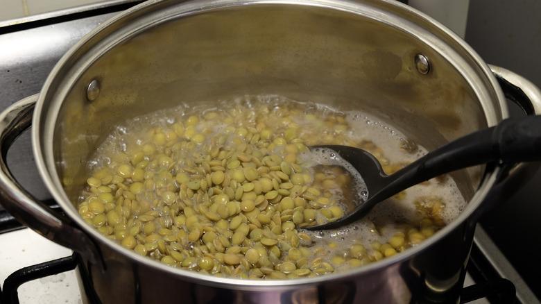 Lentils boiling in a pot