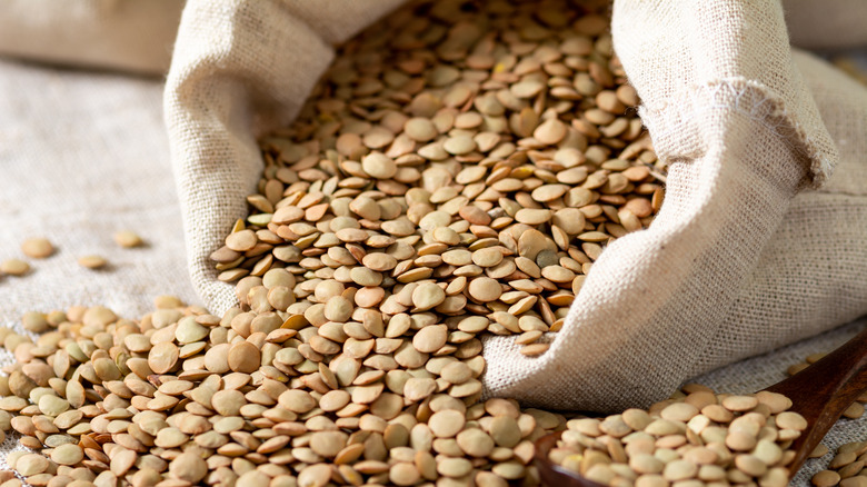 Lentils pouring out a bag