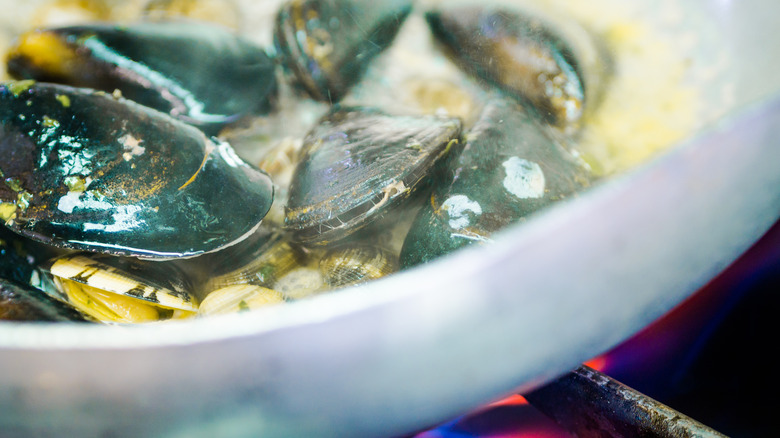 simmering mussels