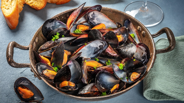 open mussels on table