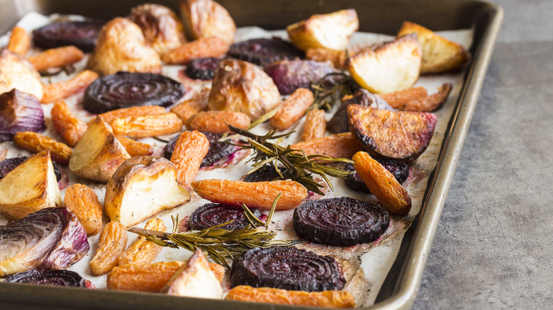 Roasted vegetables on tray