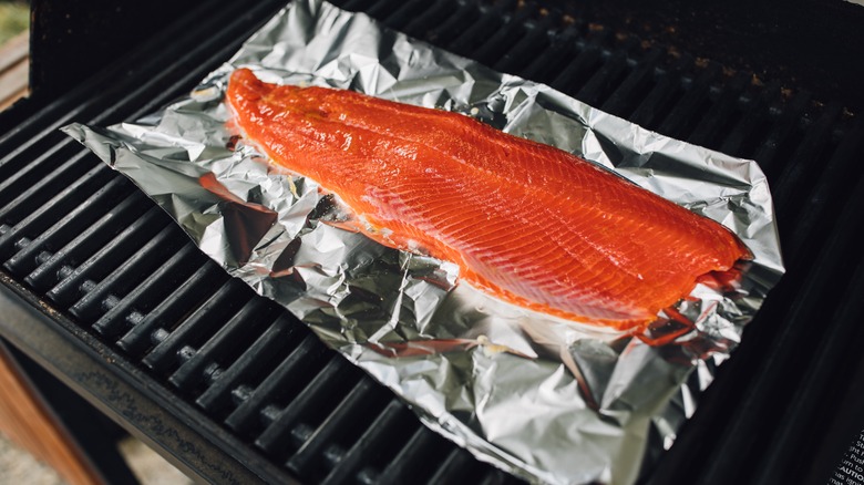 Salmon in foil on grill